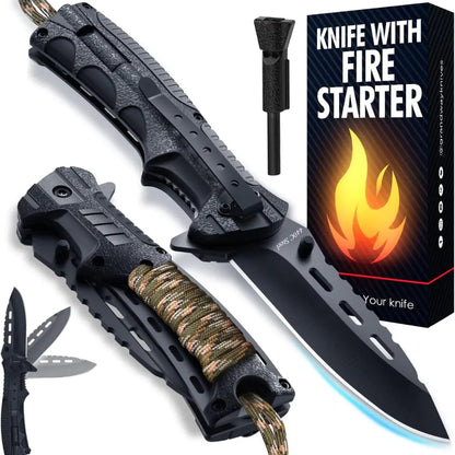 Tactical Folding Knife with Paracord, Whistle & Fire starter